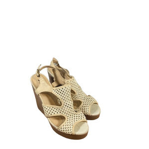 Lucky Brand Cream Laser Cut Wedge Sandals Women Sz 10 Boho Open Toe Casual Chic